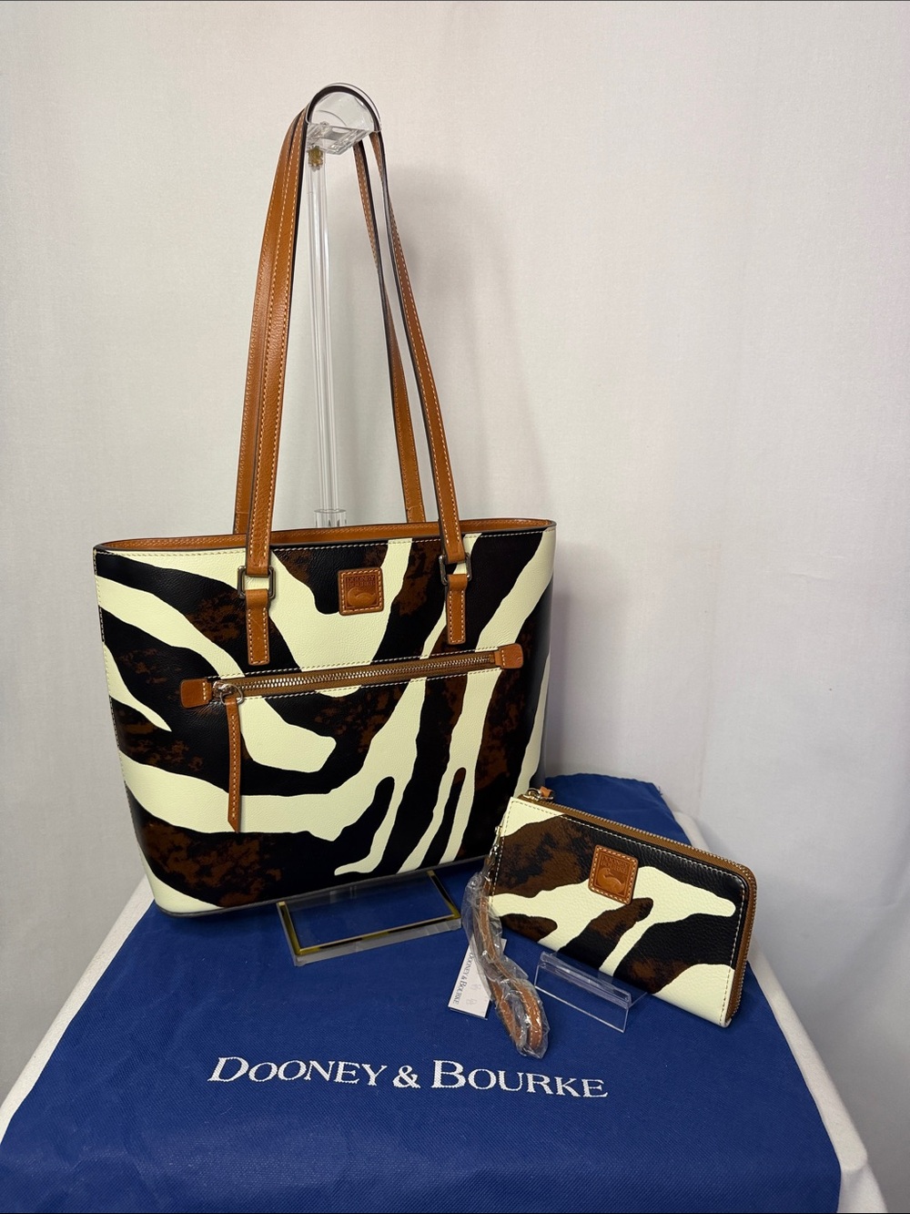 Dooney & Bourke Zebra Print Leather Large Shopper Tote Bag & Zip Around Wallet